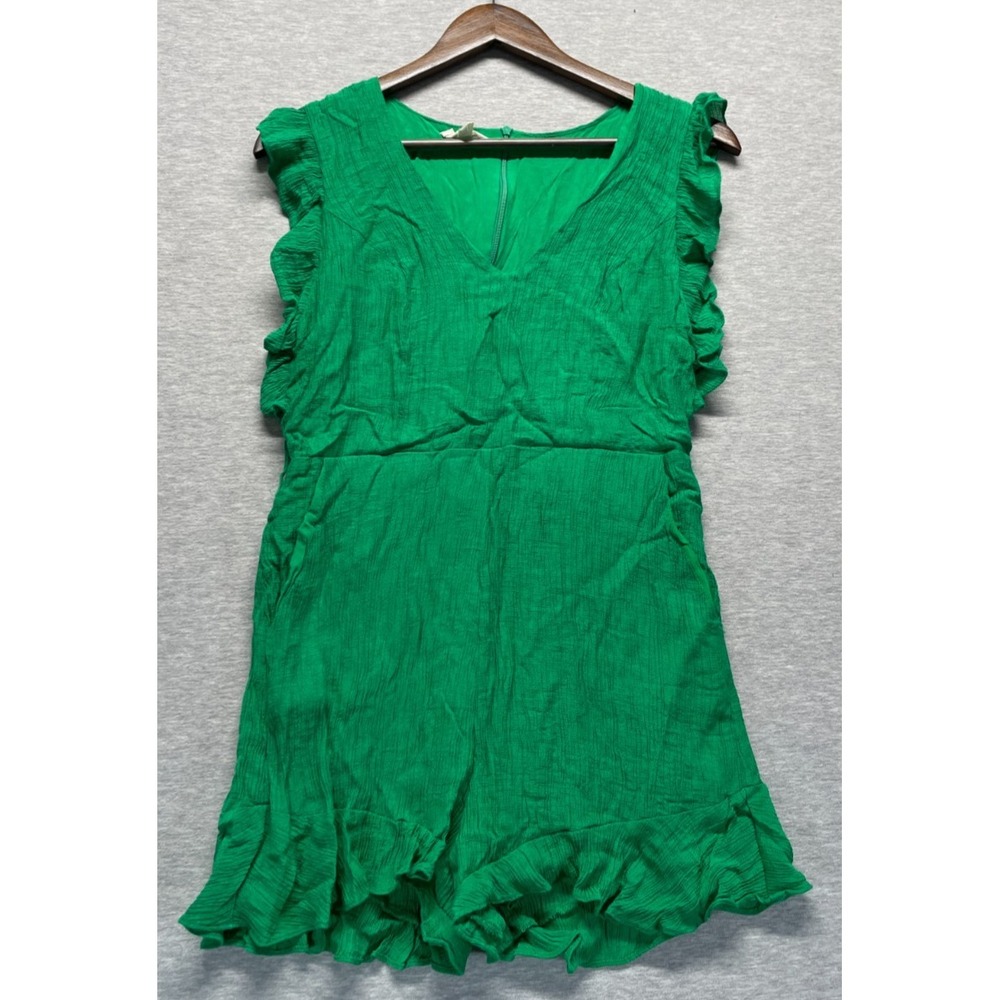 ee:some One Piece Romper Women Medium Green Rayon Flutter Sleeve Back Zip V-Neck